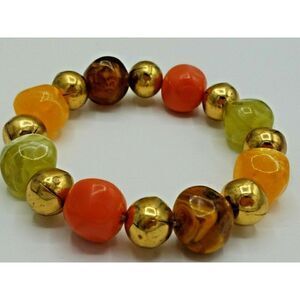 Beaded Stretch Bracelet Orange Yellow Gold Brown Tone Classic Glass Beads